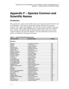 Intake Diversion Dam Modification, Lower Yellowstone Project, Draft Supplemental EA Appendix F – Species Common and Scientific Names Appendix F – Species Common and Scientific Names Introduction