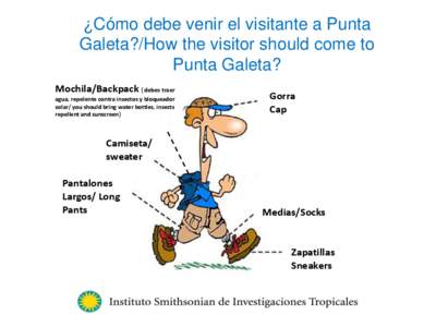 ¿Cómo debe venir el visitante a Punta Galeta?/How the visitor should come to Punta Galeta? Mochila/Backpack ( debes traer agua, repelente contra insectos y bloqueador solar/ you should bring water bottles, insects