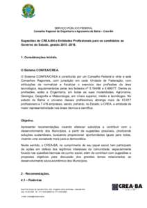 SERVIÇO PÚBLICO FEDERAL Conselho Regional de Engenharia e Agronomia da Bahia – Crea-BA Sugestões do CREA-BA e Entidades Profissionais para os candidatos ao Governo do Estado, gestão.