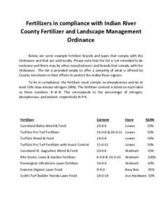 Fertilizers in compliance with Indian River County Fertilizer and Landscape Management Ordinance Below are some example fertilizer brands and types that comply with the Ordinance and that are sold locally. Please note th