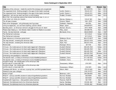 Items Cataloged in September 2014 Title Mysteries of the unknown : inside the world of the strange and unexplained. The organized mind : thinking straight in the age of information overload The organized mind : thinking 