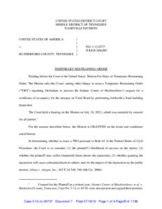 Temporary Restarining Order in United States v. Rutherford County, Tennessee (M.D. Tenn.)