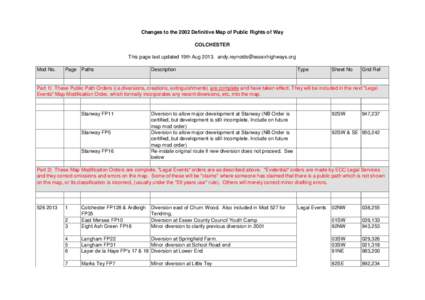 Changes to the 2002 Definitive Map of Public Rights of Way COLCHESTER This page last updated 19th Aug[removed]removed] Mod No.  Page Paths