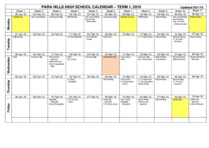 PARA HILLS HIGH SCHOOL CALENDAR – TERM 1, 2015 Week 1 26-Jan-15 Year Level Meeting