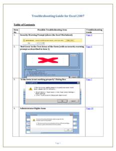 Troubleshooting Guide for Excel 2007 Table of Contents Item Possible Troubleshooting Area No. 1.