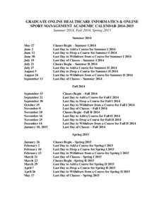 GRADUATE ONLINE HEALTHCARE INFORMATICS & ONLINE SPORT MANAGEMENT ACADEMIC CALENDAR[removed]Summer 2014, Fall 2014, Spring 2015 Summer 2014 May 27 June 2