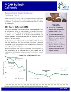 MCAH Bulletin California Sudden Infant Death Syndrome California, 2012 Sudden Infant Death Syndrome (SIDS) is the sudden death of an infant under one year of age which remains unexplained after a complete postmortem