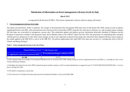 Submission of information on forest management reference levels by Italy March 2011 as requested by the Decision 2/CMP.6, “The Cancun Agreements: Land use, land-use change and forestry” 1. Forest management reference