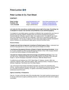 Peter Levitan & Co. Fact Sheet CONTACT: Peter Levitan  http://www.peterlevitan.com Portland, OR