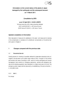 Information on the current status of the plants in Japan damaged by the earthquake and the subsequent tsunami on 11 March 2011 Compilation by GRS as at 15 April 2011, 12:30 h (CEST)