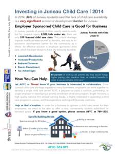 Invest in Juneau Child Care July[removed]Investing in Juneau Child Care I 2014 In 2014, 36% of Juneau residents said that lack of child care availability is a very significant economic development barrier for Juneau. 1