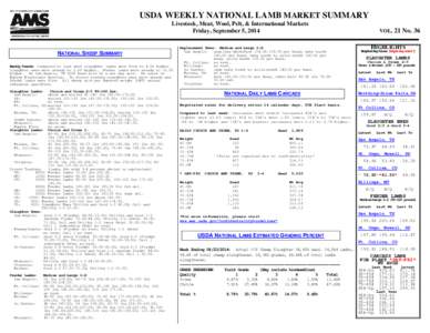 USDA WEEKLY NATIONAL LAMB MARKET SUMMARY Livestock, Meat, Wool, Pelt, & International Markets Friday, September 5, 2014 Replacement Ewes: Medium and Large 1-2: San Angelo: yearling whiteface[removed]per head; baby 