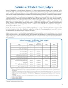 Salaries of Elected State Judges Effective September 1, 2013, the annual state salary of a district judge increased from $125,000 to $140,000. While Chapter 32 of the Government Code authorizes the state salaries of dist