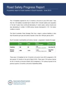 Road Safety Progress Report A quarterly report of road crashes in South Australia - June 2010 The 118 fatalities reported for the 12 months to the end of June 2010 were 7 less than the 125 fatalities recorded April to Ma