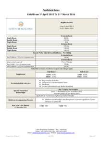 Published Rates Valid From 1st April 2015 To 31st March 2016 Regular Season From 1st April 2015 To 31st March 2016