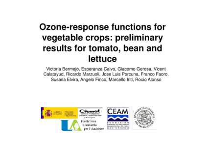 Ozone-response functions for vegetable crops: preliminary results for tomato, bean and lettuce Victoria Bermejo, Esperanza Calvo, Giacomo Gerosa, Vicent Calatayud, Ricardo Marzuoli, Jose Luis Porcuna, Franco Faoro,