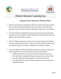 Pittsford Collaborative Leadership Team Examples of Recent “Day to Day” Collaborative Efforts  Mendon Center Elementary experienced a water main break this past April during the New York State testing period. Memb