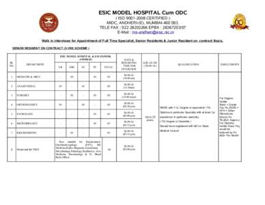 ESIC MODEL HOSPITAL Cum ODC ( ISO[removed]CERTIFIED ) MIDC, ANDHERI-(E), MUMBAI[removed]TELE FAX : [removed]EPBX : [removed]E-Mail : [removed] Walk in interviews for Appointment of Full Time Specia