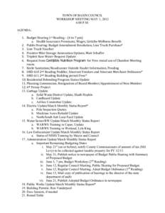 TOWN OF BASIN COUNCIL WORKSHOP MEETING MAY 1, 2012 6:00 P.M. AGENDA: 1. Budget	
  Hearing	
  1st	
  Reading	
  –	
  (6	
  to	
  7	
  pm)	
   a. Health	
  Insurance	
  Premiums,	
  Wages,	
  Gottche	
  Wel