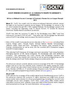 FOR IMMEDIATE RELEASE  GOLTV RENEWS EXCLUSIVE U.S. & CANADA TV RIGHTS TO GERMANY’S
