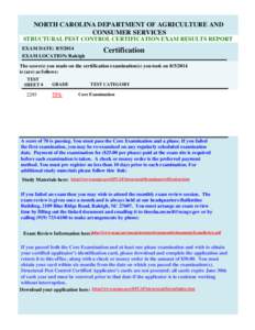 NORTH CAROLINA DEPARTMENT OF AGRICULTURE AND CONSUMER SERVICES STRUCTURAL PEST CONTROL CERTIFICATION EXAM RESULTS REPORT EXAM DATE: [removed]EXAM LOCATION: Raleigh