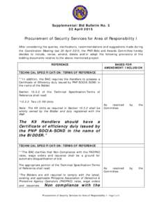 Supplemental/Bid Bulletin NoApril 2015 Procurement of Security Services for Area of Responsibility I After considering the queries, clarifications, recommendations and suggestions made during the Coordination Meet