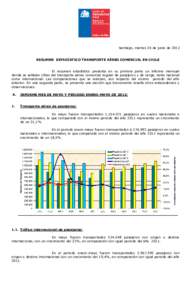 Santiago, martes 26 de junio de 2012 RESUMEN ESTADÍSTICO TRANSPORTE AÉREO COMERCIAL EN CHILE El resumen estadístico presenta en su primera parte un informe mensual donde se señalan cifras del transporte aéreo comerc