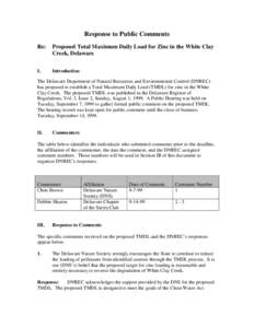 Response to Public Comments Re: Proposed Total Maximum Daily Load for Zinc in the White Clay Creek, Delaware