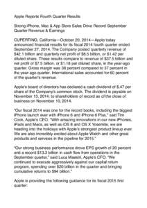 Apple Reports Fourth Quarter Results!  ! Strong iPhone, Mac & App Store Sales Drive Record September Quarter Revenue & Earnings!