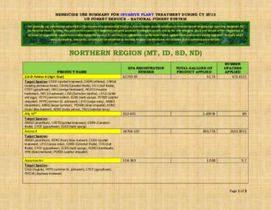 HERBICIDE USE SUMMARY FOR INVASIVE PLANT TREATMENT DURING CY 2013 US FOREST SERVICE – NATIONAL FOREST SYSTEM The pesticide use information presented in this document is summarized from U.S. Forest Service records which