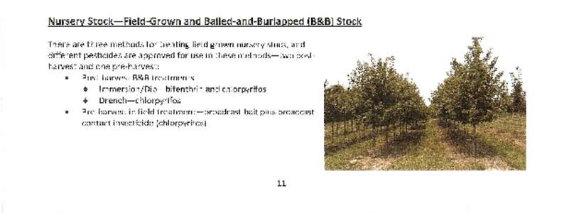 Nursery Stock-Field-Grown  and Balled-and-Burlapped (B&B) Stock There are three methods for treating field grown nursery stock, and different pesticides are approved for use in these methods-two