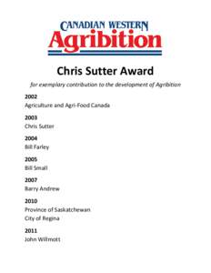 Chris Sutter Award for exemplary contribution to the development of Agribition 2002 Agriculture and Agri-Food Canada 2003 Chris Sutter