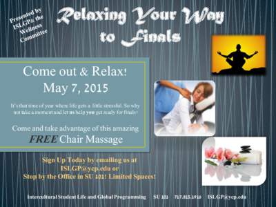 Relaxing Your Way to Finals Come out & Relax! May 7, 2015 It’s that time of year where life gets a little stressful. So why not take a moment and let us help you get ready for finals?