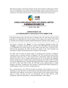 Hong Kong Exchanges and Clearing Limited and The Stock Exchange of Hong Kong Limited take no responsibility for the contents of this announcement, make no representation as to its accuracy or completeness and expressly d