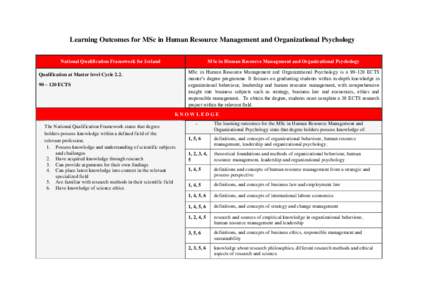 Learning Outcomes for MSc in Human Resource Management and Organizational Psychology National Qualification Framework for Iceland MSc in Human Resource Management and Organizational Psychology MSc in Human Resource Manag