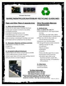 Montpelier State House  BARRE/MONTPELIER/WATERBURY RECYCLING GUIDELINES Paper and Other Fibers (3 separate bins)  Other Recyclable Materials