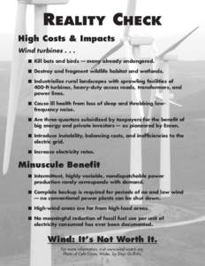 REALITY CHECK High Costs & Impacts Wind turbinesn Kill bats and birds — many already endangered. n Destroy and fragment wildlife habitat and wetlands. n Industrialize rural landscapes with sprawling facilities o