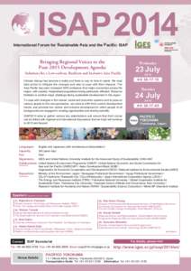 International Forum for Sustainable Asia and the Pacific: ISAP  Bringing Regional Voices to the Post-2015 Development Agenda:  Wednesday