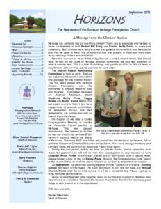 HORIZONS  September 2015 The Newsletter of the Saints at Heritage Presbyterian Church Inside: