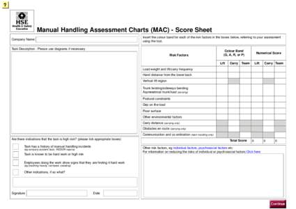 Manual Handling Assessment Charts (MAC) - Score Sheet Insert the colour band for each of the risk factors in the boxes below, referring to your assessment using the tool. Company Name: Task Description - Please use diagr