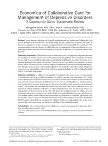 Economics of Collaborative Care for Management of Depressive Disorders A Community Guide Systematic Review Verughese Jacob, PhD, MPH, Sajal K. Chattopadhyay, PhD, Theresa Ann Sipe, PhD, MPH, CNM, RN, Anilkrishna B. Thota