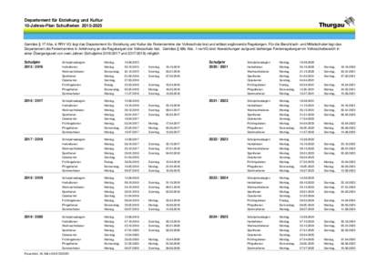 Departement für Erziehung und Kultur 10-Jahres-Plan SchulferienGemäss § 17 Abs. 4 RRV VG legt das Departement für Erziehung und Kultur die Ferientermine der Volksschule fest und erlässt ergänzende Regelu