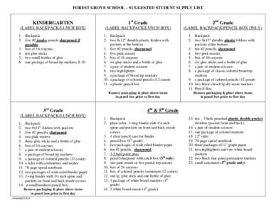 FOREST GROVE SCHOOL – SUGGESTED STUDENT SUPPLY LIST  KINDERGARTEN 1st Grade