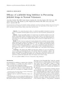 Wilderness and Environmental Medicine, 15, ORIGINAL RESEARCH Efficacy of a Jellyfish Sting Inhibitor in Preventing Jellyfish Stings in Normal Volunteers