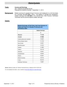 StatsUpdate Topic: Income and Earnings 2011 National Household Survey Released by Statistics Canada – September 11, 2013