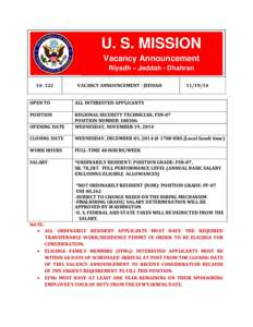 U. S. MISSION Vacancy Announcement Riyadh – Jeddah - Dhahran[removed]VACANCY ANNOUNCEMENT - JEDDAH