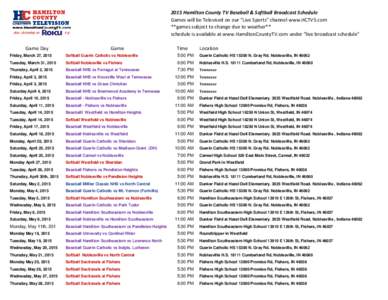 2015 Hamilton County TV Baseball & Softball Braodcast Schedule Games will be Televised on our 