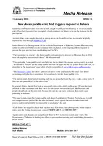 Media Release 16 January 2015 MR03-15  New Asian paddle crab find triggers request to fishers