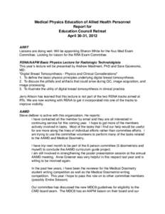 Medical Physics Education of Allied Health Personnel Report for Education Council Retreat April 30-31, 2012 ARRT Liaisons are doing well. Will be appointing Sharon White for the Nuc Med Exam