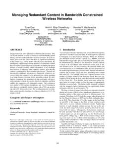 Managing Redundant Content in Bandwidth Constrained Wireless Networks Tuan Dao Amit K. Roy-Chowdhury